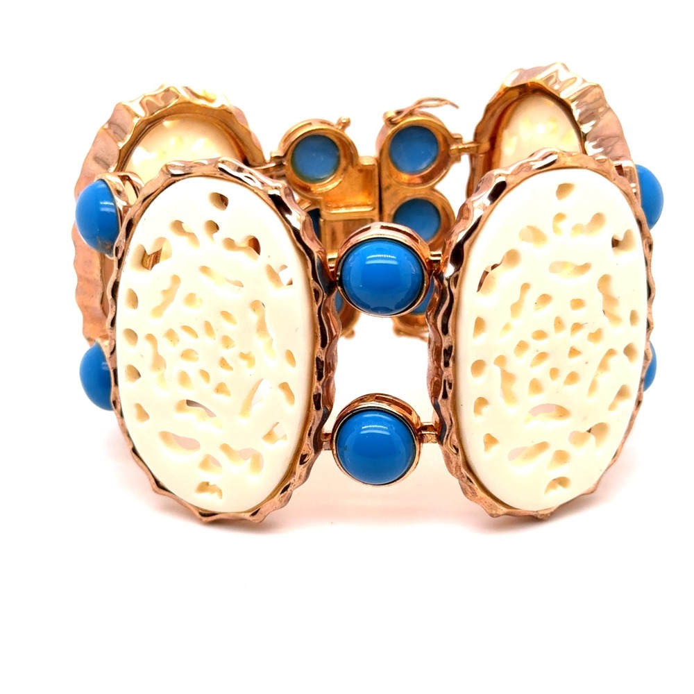 Vintage Style Rose Gold Tone Blue Cabochon Ivory Openwork Link Bracelet 7.5in